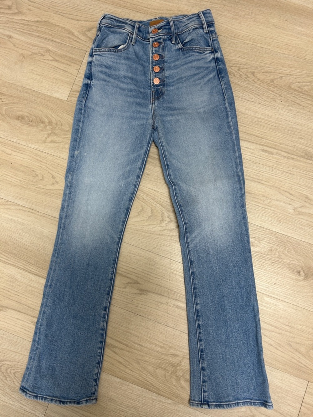 MOTHER High Rise Button-Fly Straight Jeans in Light Blue Wash